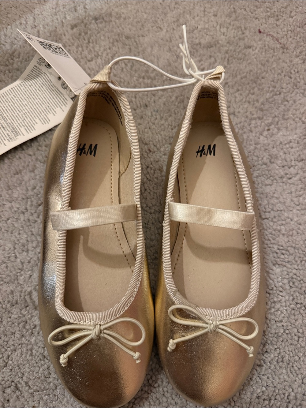 H&M Girls Metallic Gold Ballet Flats with Bow and Strap